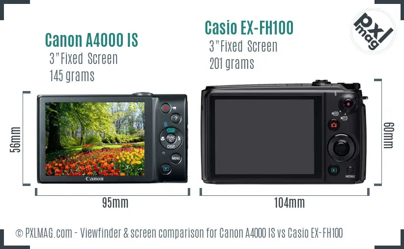 Canon A4000 IS vs Casio EX-FH100 Screen and Viewfinder comparison