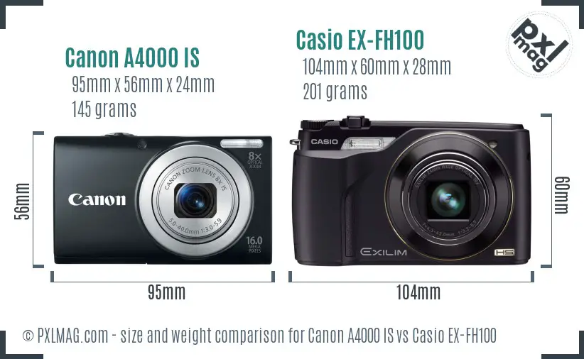 Canon A4000 IS vs Casio EX-FH100 size comparison