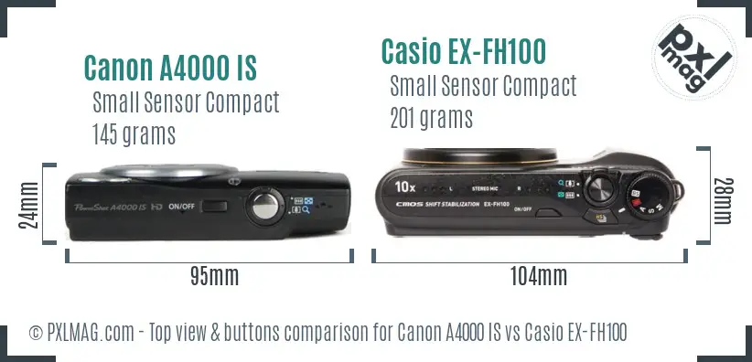 Canon A4000 IS vs Casio EX-FH100 top view buttons comparison