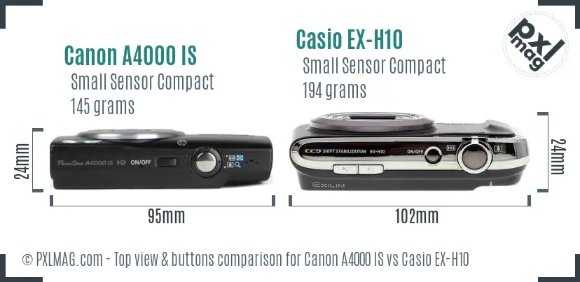 Canon A4000 IS vs Casio EX-H10 top view buttons comparison