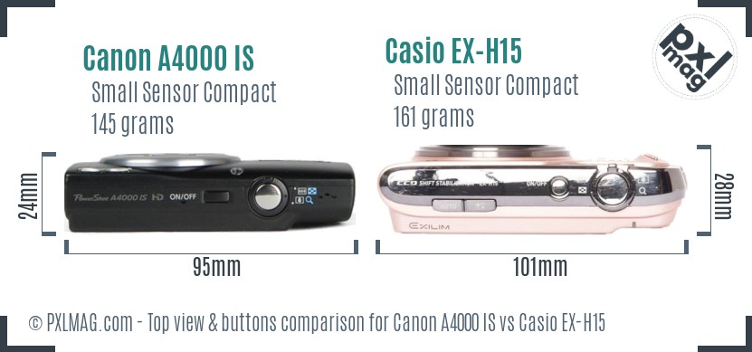 Canon A4000 IS vs Casio EX-H15 top view buttons comparison