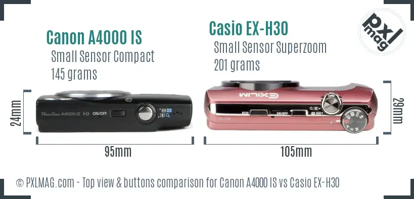 Canon A4000 IS vs Casio EX-H30 top view buttons comparison