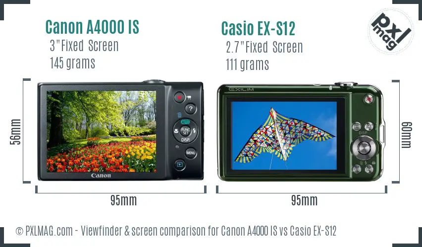 Canon A4000 IS vs Casio EX-S12 Screen and Viewfinder comparison