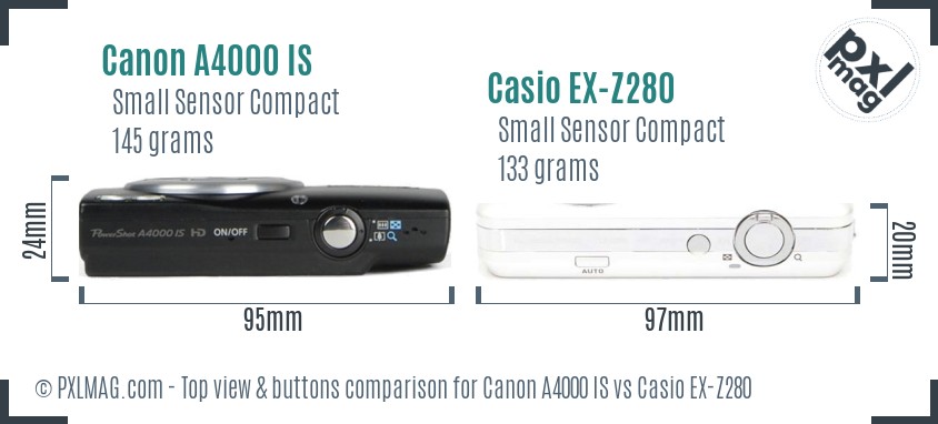 Canon A4000 IS vs Casio EX-Z280 top view buttons comparison