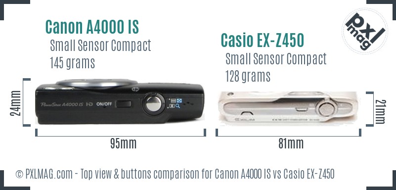 Canon A4000 IS vs Casio EX-Z450 top view buttons comparison