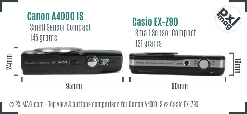Canon A4000 IS vs Casio EX-Z90 top view buttons comparison Canon A4000 IS vs Casio EX-Z90 top view buttons comparison