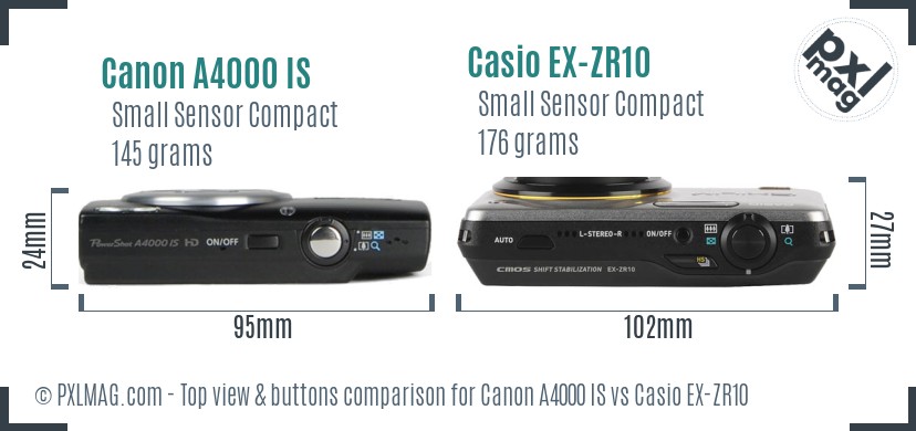 Canon A4000 IS vs Casio EX-ZR10 top view buttons comparison