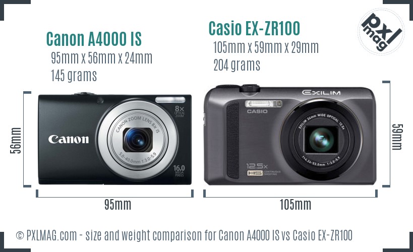 Canon A4000 IS vs Casio EX-ZR100 size comparison