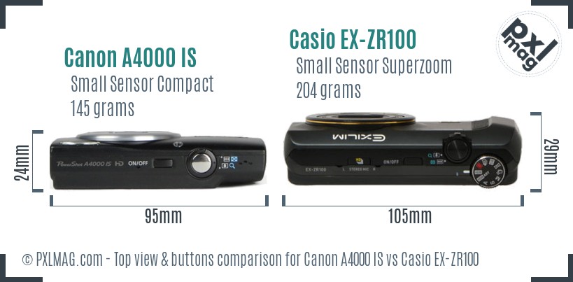 Canon A4000 IS vs Casio EX-ZR100 top view buttons comparison