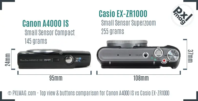 Canon A4000 IS vs Casio EX-ZR1000 top view buttons comparison Canon A4000 IS vs Casio EX-ZR1000 top view buttons comparison
