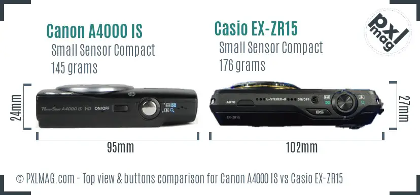 Canon A4000 IS vs Casio EX-ZR15 top view buttons comparison Canon A4000 IS vs Casio EX-ZR15 top view buttons comparison