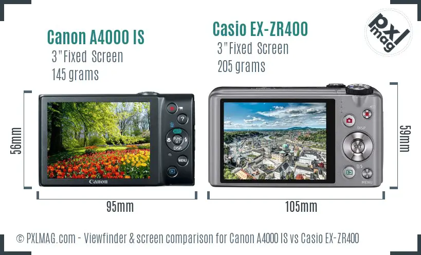 Canon A4000 IS vs Casio EX-ZR400 Screen and Viewfinder comparison