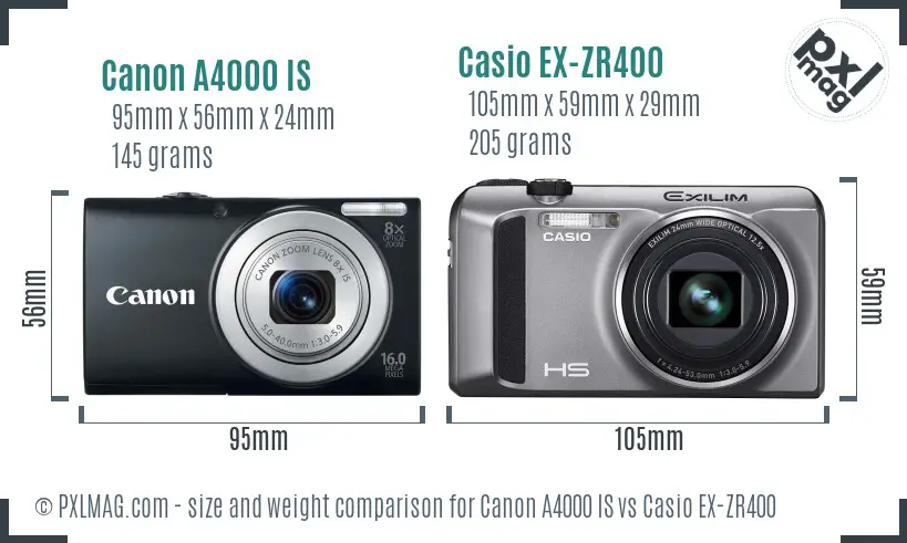 Canon A4000 IS vs Casio EX-ZR400 size comparison