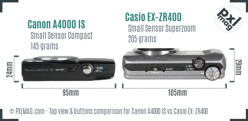 Canon A4000 IS vs Casio EX-ZR400 top view buttons comparison