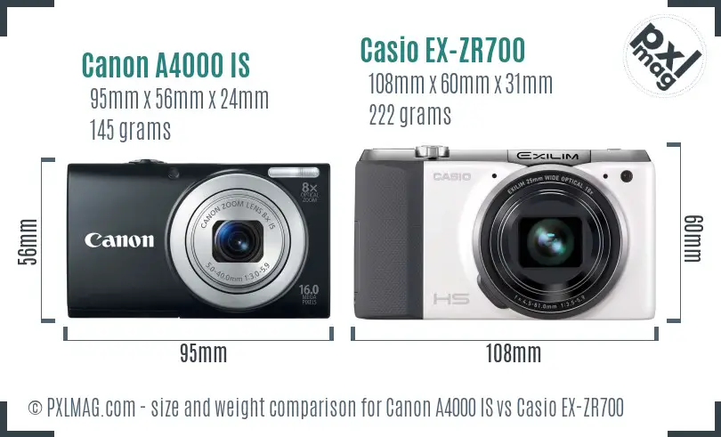 Canon A4000 IS vs Casio EX-ZR700 size comparison
