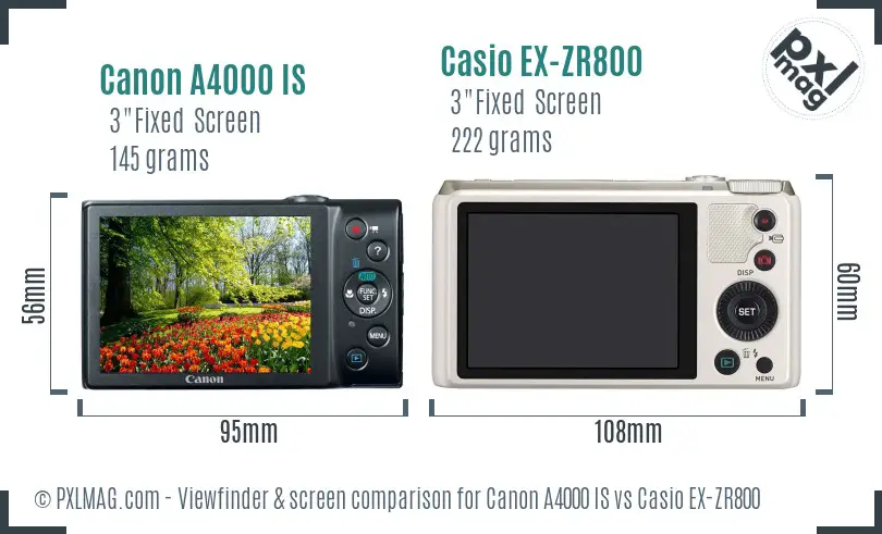 Canon A4000 IS vs Casio EX-ZR800 Screen and Viewfinder comparison