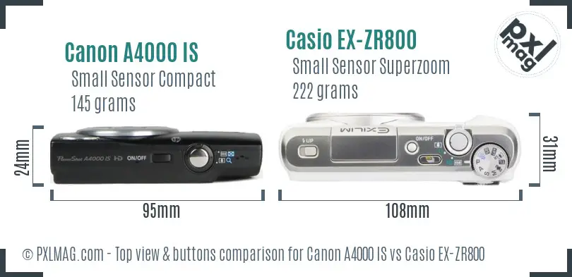 Canon A4000 IS vs Casio EX-ZR800 top view buttons comparison