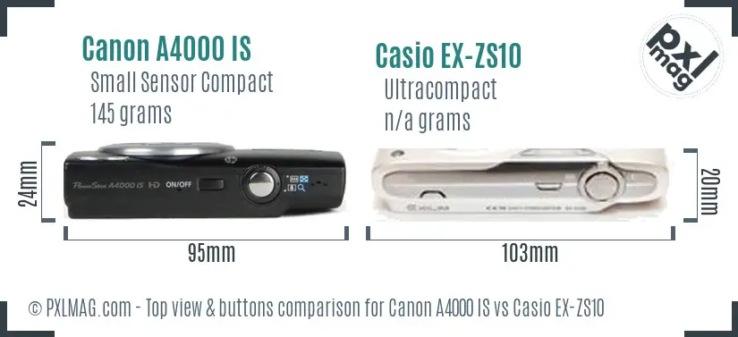 Canon A4000 IS vs Casio EX-ZS10 top view buttons comparison