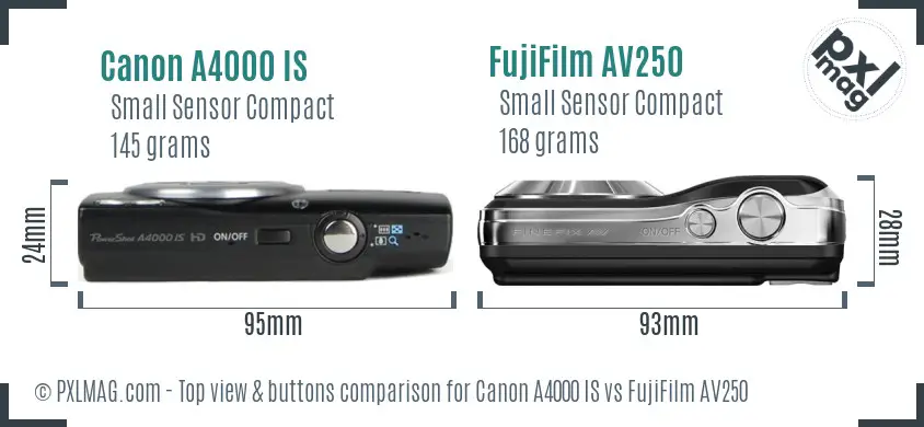 Canon A4000 IS vs FujiFilm AV250 top view buttons comparison