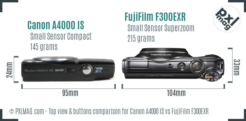 Canon A4000 IS vs FujiFilm F300EXR top view buttons comparison Canon A4000 IS vs FujiFilm F300EXR top view buttons comparison