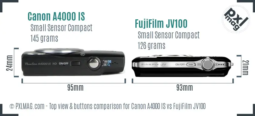 Canon A4000 IS vs FujiFilm JV100 top view buttons comparison