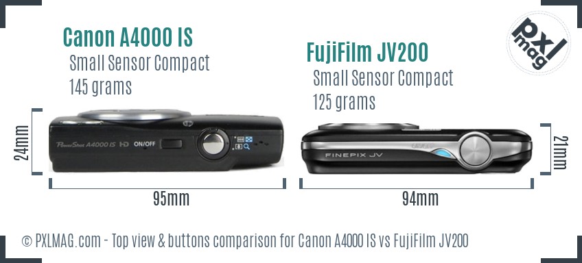 Canon A4000 IS vs FujiFilm JV200 top view buttons comparison