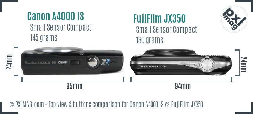 Canon A4000 IS vs FujiFilm JX350 top view buttons comparison