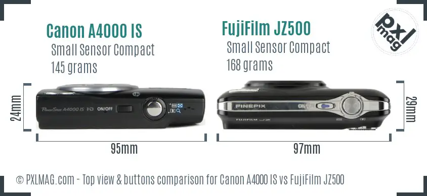 Canon A4000 IS vs FujiFilm JZ500 top view buttons comparison Canon A4000 IS vs FujiFilm JZ500 top view buttons comparison