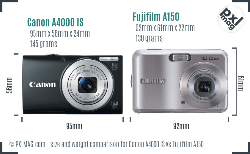 Canon A4000 IS vs Fujifilm A150 size comparison