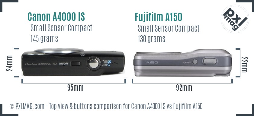 Canon A4000 IS vs Fujifilm A150 top view buttons comparison