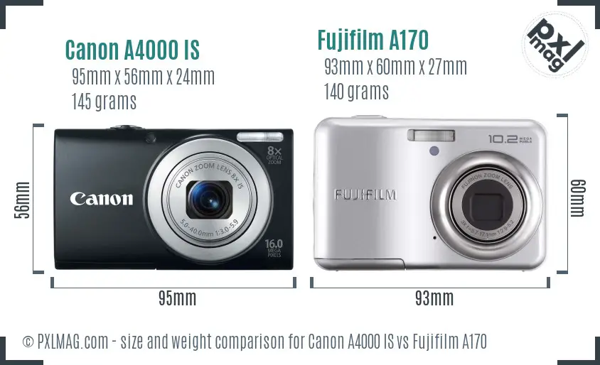 Canon A4000 IS vs Fujifilm A170 size comparison