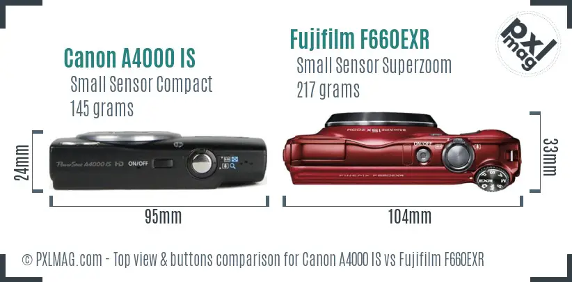 Canon A4000 IS vs Fujifilm F660EXR top view buttons comparison