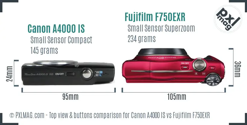 Canon A4000 IS vs Fujifilm F750EXR top view buttons comparison Canon A4000 IS vs Fujifilm F750EXR top view buttons comparison