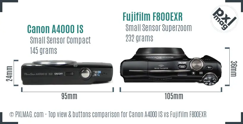 Canon A4000 IS vs Fujifilm F800EXR top view buttons comparison Canon A4000 IS vs Fujifilm F800EXR top view buttons comparison