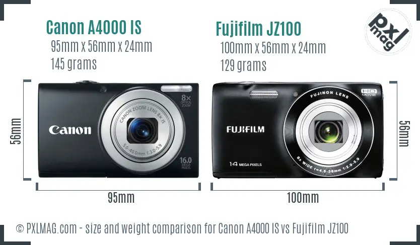 Canon A4000 IS vs Fujifilm JZ100 size comparison