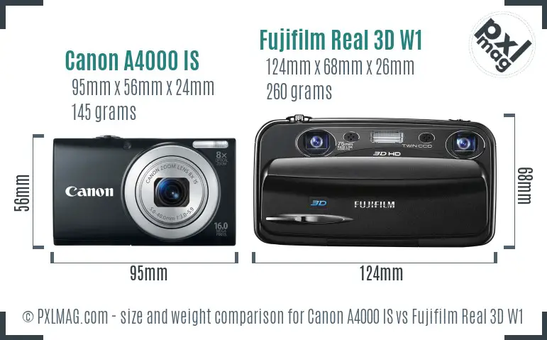Canon A4000 IS vs Fujifilm Real 3D W1 size comparison