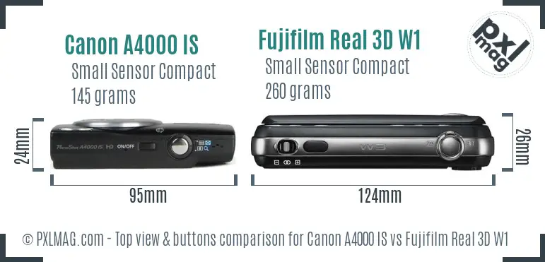 Canon A4000 IS vs Fujifilm Real 3D W1 top view buttons comparison