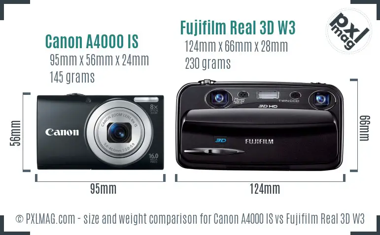 Canon A4000 IS vs Fujifilm Real 3D W3 size comparison