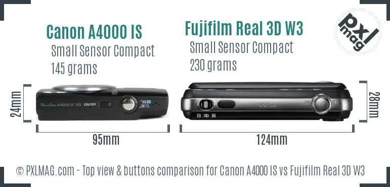 Canon A4000 IS vs Fujifilm Real 3D W3 top view buttons comparison