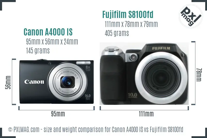 Canon A4000 IS vs Fujifilm S8100fd size comparison