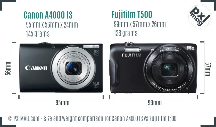 Canon A4000 IS vs Fujifilm T500 size comparison