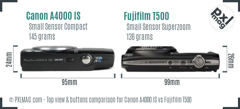 Canon A4000 IS vs Fujifilm T500 top view buttons comparison
