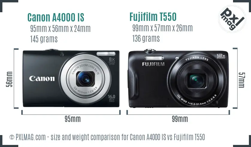 Canon A4000 IS vs Fujifilm T550 size comparison