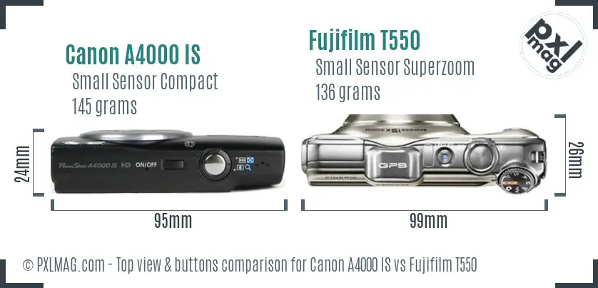 Canon A4000 IS vs Fujifilm T550 top view buttons comparison