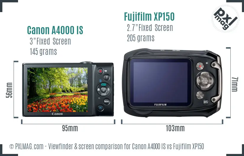 Canon A4000 IS vs Fujifilm XP150 Screen and Viewfinder comparison