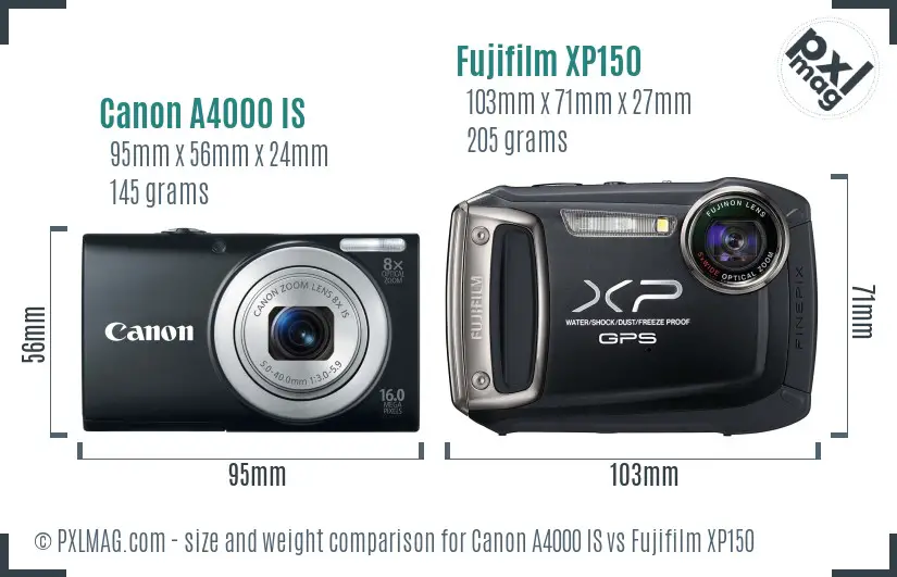 Canon A4000 IS vs Fujifilm XP150 size comparison
