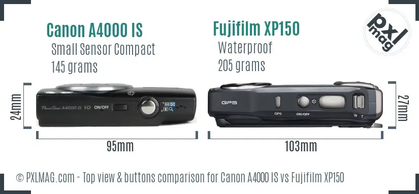 Canon A4000 IS vs Fujifilm XP150 top view buttons comparison