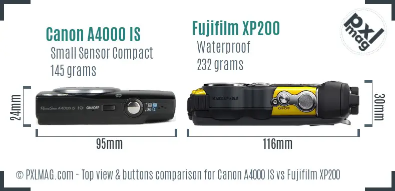 Canon A4000 IS vs Fujifilm XP200 top view buttons comparison Canon A4000 IS vs Fujifilm XP200 top view buttons comparison
