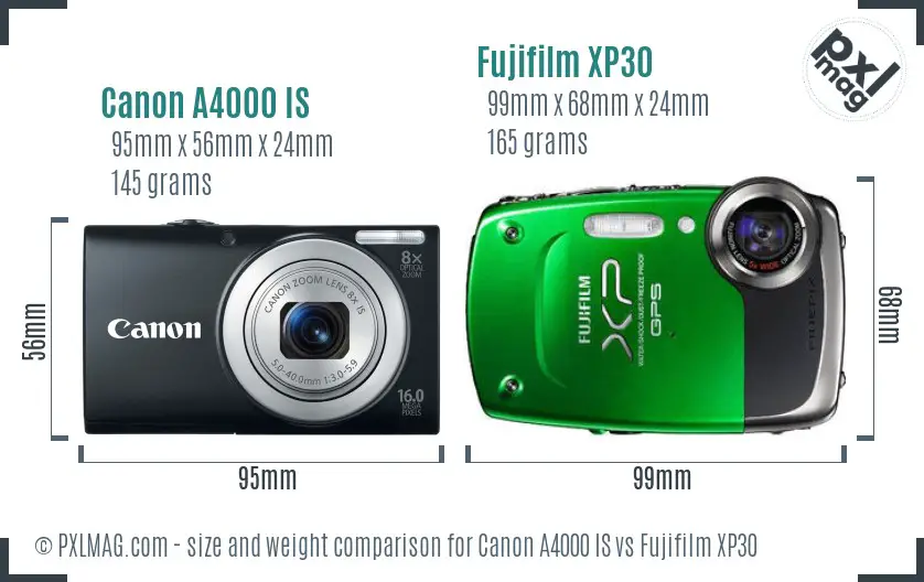 Canon A4000 IS vs Fujifilm XP30 size comparison