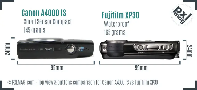 Canon A4000 IS vs Fujifilm XP30 top view buttons comparison